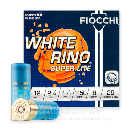 Large image of Cheap 12 Gauge Ammo For Sale - 2-3/4” 1-1/8oz. #8 Shot Ammunition in Stock by Fiocchi White Rino Super Lite - 25 Rounds