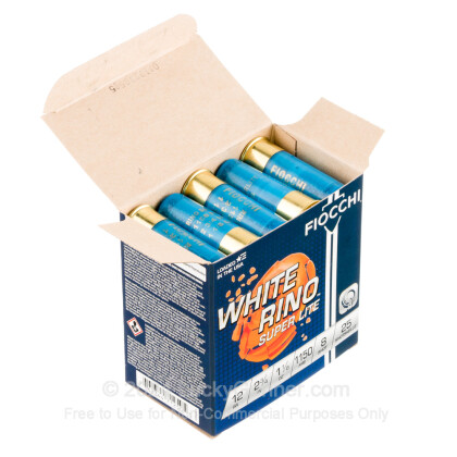 Large image of Cheap 12 Gauge Ammo For Sale - 2-3/4” 1-1/8oz. #8 Shot Ammunition in Stock by Fiocchi White Rino Super Lite - 25 Rounds