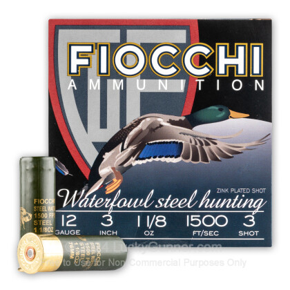 Large image of Cheap 12 Gauge Ammo For Sale - 3" 1-1/8 oz. #3 Steel Shot Ammunition in Stock by Fiocchi Waterfowl - 25 Rounds