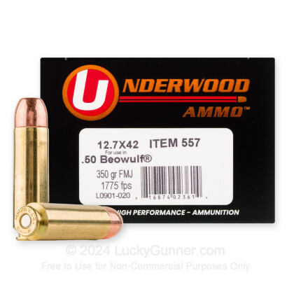 Large image of Premium 50 Beowulf Ammo For Sale - 350 Grain FMJ Ammunition in Stock by Underwood - 20 Rounds
