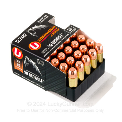 Large image of Premium 50 Beowulf Ammo For Sale - 350 Grain FMJ Ammunition in Stock by Underwood - 20 Rounds