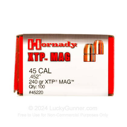 Large image of Premium 45 Caliber Bullets For Sale - 240 Grain XTP JHP Bullets in Stock by Hornady - 100 Bullets