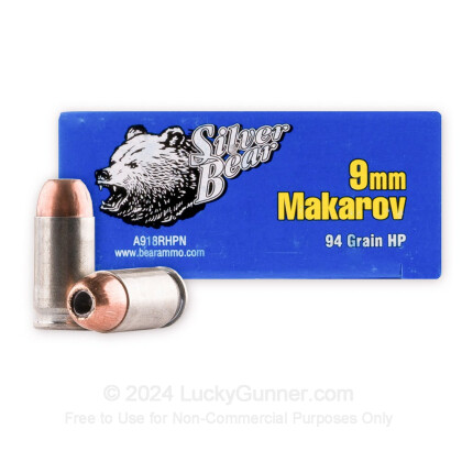 Large image of Cheap 9x18mm Makarov Ammo For Sale – 94 Grain JHP Ammunition in Stock by Silver Bear - 50 Rounds