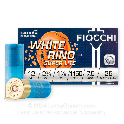 Large image of Cheap 12 Gauge Ammo For Sale - 2-3/4” 1-1/8oz. #7.5 Shot Ammunition in Stock by Fiocchi White Rino Super Lite - 25 Rounds