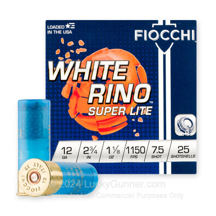Large image of Cheap 12 Gauge Ammo For Sale - 2-3/4” 1-1/8oz. #7.5 Shot Ammunition in Stock by Fiocchi White Rino Super Lite - 25 Rounds