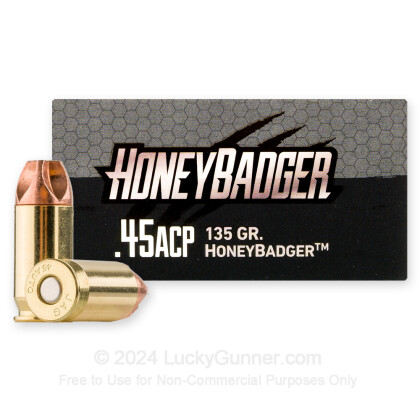 Large image of Premium 45 ACP Ammo For Sale - 135 Grain HoneyBadger Ammunition in Stock by Black Hills - 20 Rounds