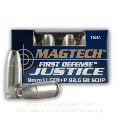 Large image of 9mm Luger +P Ammo For Sale - 92.6 gr SCHP Magtech First Defense Justice Ammunition In Stock - 20 Rounds