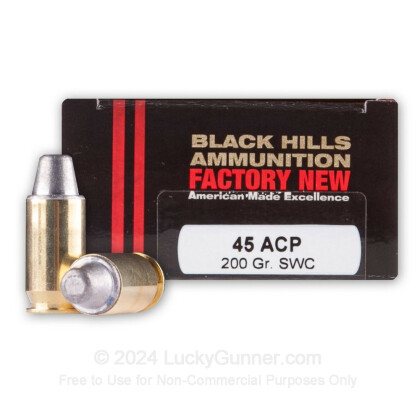 Large image of Premium 45 ACP Ammo For Sale - 200 Grain SWC Ammunition in Stock by Black Hills - 20 Rounds