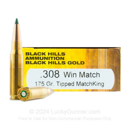 Large image of Premium 308 Ammo For Sale - 175 Grain Tipped MatchKing Ammunition in Stock by Black Hills Gold - 20 Rounds