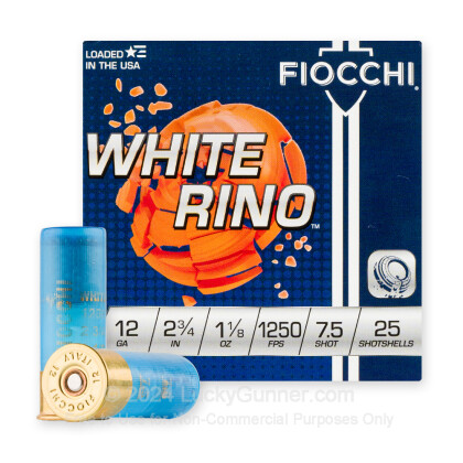 Large image of Cheap 12 Gauge Ammo For Sale - 2-3/4" 1-1/8 oz. #7.5 Shot Ammunition in Stock by Fiocchi White Rino] - 25 Rounds0