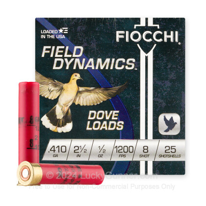 Large image of Cheap 410 Bore Ammo For Sale - 2-1/2" 1/2oz. #8 Shot Ammunition in Stock by Fiocchi  - 25 Rounds