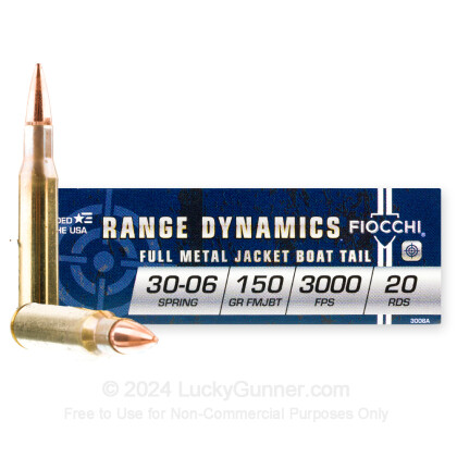 Large image of Cheap 30-06 Ammo For Sale - 150 Grain FMJ-BT Ammunition in Stock by Fiocchi Shooting Dynamics - 20 Rounds