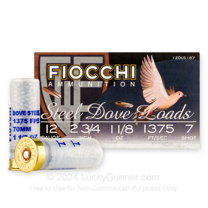 Large image of Bulk 12 Gauge Ammo For Sale - 2-3/4” 1-1/8oz. #7 Steel Shot Ammunition in Stock by Fiocchi Steel Dove - 250 Rounds