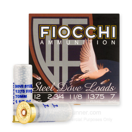 Large image of Premium 12 Gauge Ammo For Sale - 2-3/4” 1-1/8oz. #7 Steel Shot Ammunition in Stock by Fiocchi Steel Dove - 25 Rounds