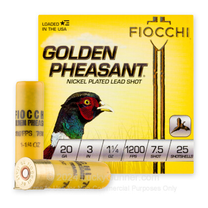 Large image of Premium 20 Gauge Ammo For Sale - 3” 1-1/4oz. #7.5 Shot Ammunition in Stock by Fiocchi Golden Pheasant - 25 Rounds