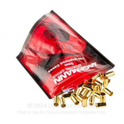 Large image of Bulk 9mm Luger Ammo For Sale - New Unprimed Brass Ammunition in Stock by Jagemann - 100 Casings