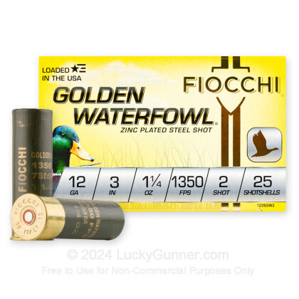 Large image of Bulk 12 Gauge Ammo For Sale - 3” 1-1/4oz. #2 Steel Shot Ammunition in Stock by Fiocchi Golden Waterfowl - 250 Rounds