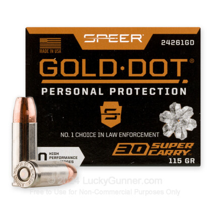 Large image of Premium 30 Super Carry Ammo For Sale - 115 Grain JHP Ammunition in Stock by Speer Gold Dot - 20 Rounds