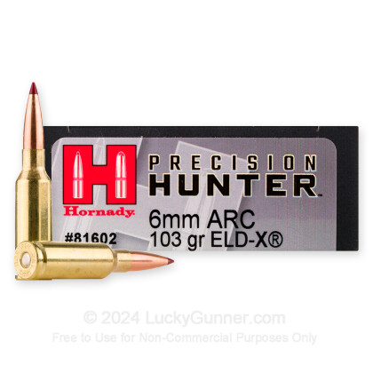 Large image of Premium 6mm ARC Ammo For Sale - 103 Grain ELD-X Ammunition in Stock by Hornady Precision Hunter - 20 Rounds