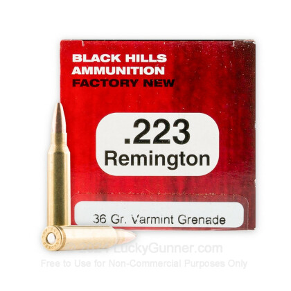 Large image of Bulk .223 Remington Ammo For Sale - 36 grain Varmint Grenade jacketed hollow point Ammunition in Stock by Black Hills - 500 Rounds