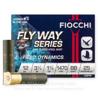 Large image of Premium 12 Gauge Ammo For Sale - 3-1/2” 1-3/8oz. BB Steel Shot Ammunition in Stock by Fiocchi Flyway - 25 Rounds