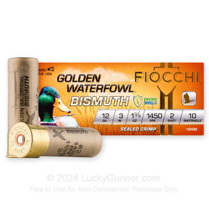 Large image of Premium 12 Gauge Ammo For Sale - 3” 1-3/8oz. #2 Bismuth Shot Ammunition in Stock by Fiocchi Golden Waterfowl - 10 Rounds