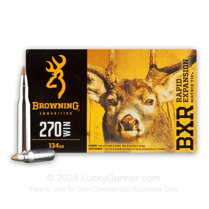 Large image of Premium 270 Ammo For Sale - 134 Grain Polymer Tipped Ammunition in Stock by Browning BXR - 20 Rounds