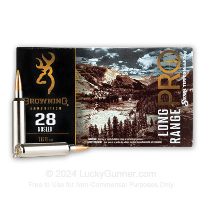 Large image of Premium 28 Nosler Ammo For Sale - 160 Grain Tipped MatchKing Ammunition in Stock by Browning Long Range Pro - 20 Rounds