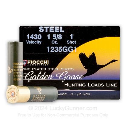 Large image of Cheap 12 Gauge Ammo For Sale - 3-1/2" 1-5/8 oz. #1 Steel Shot Ammunition in Stock by Fiocchi Golden Goose - 25 Rounds