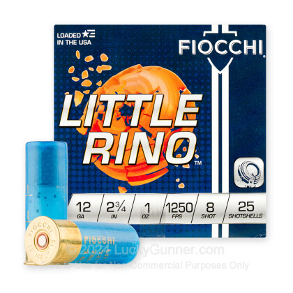 Large image of Cheap 12 Gauge Ammo For Sale - 2-3/4" 1 oz. #8 Shot Ammunition in Stock by Fiocchi Little Rino - 25 Rounds
