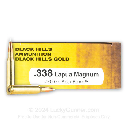Large image of Premium 338 Lapua Mag Ammo For Sale - 250 Grain AccuBond Ammunition in Stock by Black Hills Gold - 20 Rounds