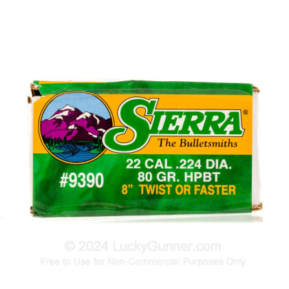 Large image of Bulk 223 Rem (.224) Bullets for Sale - 80 Grain HPBT Bullets in Stock by Sierra - 500