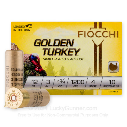Large image of Premium 12 Gauge Ammo For Sale - 3” 1-3/4oz. #4 Shot Ammunition in Stock by Fiocchi Golden Turkey - 10 Rounds