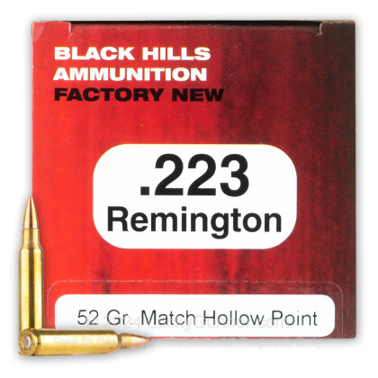 Large image of Premium 223 Rem Ammo For Sale - 52 Grain Match HP Ammunition in Stock by Black Hills - 20 Rounds