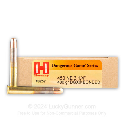 Large image of Premium 450 Nitro Express Ammo For Sale - 480 Grain DGX Bonded Ammunition in Stock by Hornady Dangerous Game  - 20 Rounds