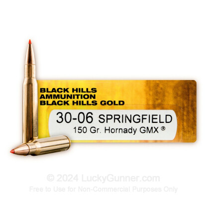 Large image of Premium 30-06 Ammo For Sale - 150 Grain Hornady GMX Ammunition in Stock by Black Hills Gold - 20 Rounds