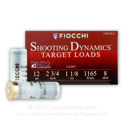 Large image of Cheap 12 Gauge Ammo For Sale - 2-3/4" 1-1/8 oz. #8 Shot Ammunition in Stock by Fiocchi Shooting Dynamics - 25 Rounds