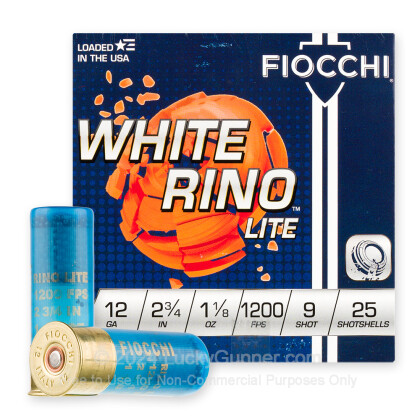 Large image of Cheap 12 Gauge Ammo For Sale - 2-3/4” 1-1/8oz. #9 Shot Ammunition in Stock by Fiocchi White Rino Lite - 25 Rounds