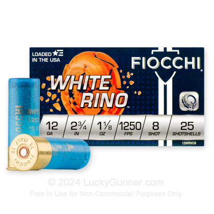 Large image of Cheap 12 ga Target Shells For Sale - 2-3/4" 1 1/8 oz #8 White Rhino Target Shell Ammunition by Fiocchi - 25 Rounds 