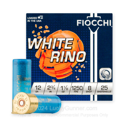 Large image of Cheap 12 ga Target Shells For Sale - 2-3/4" 1 1/8 oz #8 White Rhino Target Shell Ammunition by Fiocchi - 25 Rounds 