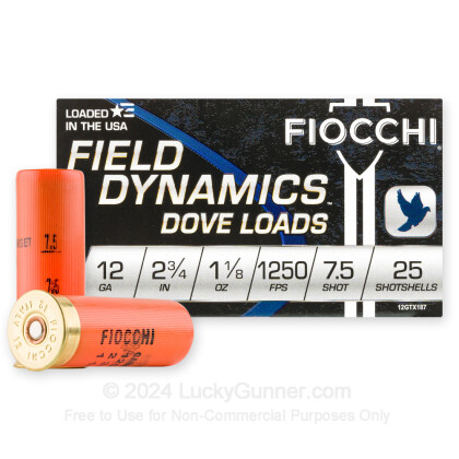 Large image of Cheap 12 Gauge Ammo For Sale - 2 3/4" 1 /1/8 oz. #7 1/2 Shot Ammunition in Stock by Fiocchi Game & Target - 25 Rounds