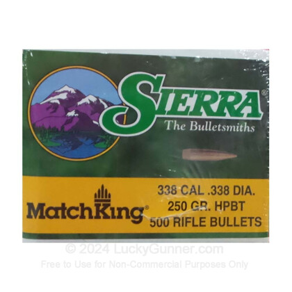 Large image of Bulk 338 Lapua (.338) Bullets for Sale - 250 Grain HPBT Bullets in Stock by Sierra - 500