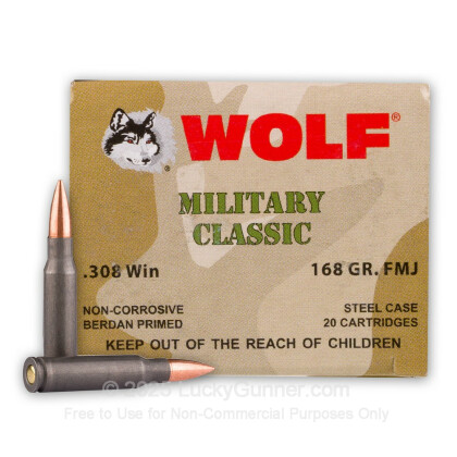 Large image of Bulk 308 Ammo For Sale - 168 Grain FMJ Ammunition in Stock by Wolf Military Classic - 500 Rounds