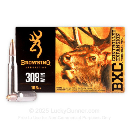 Large image of Premium 308 Ammo For Sale - 168 Grain Controlled Expansion Terminal Tip Ammunition in Stock by Browning BXC Big Game - 20 Rounds
