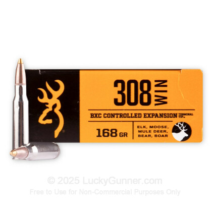 Large image of Premium 308 Ammo For Sale - 168 Grain Controlled Expansion Terminal Tip Ammunition in Stock by Browning BXC Big Game - 20 Rounds