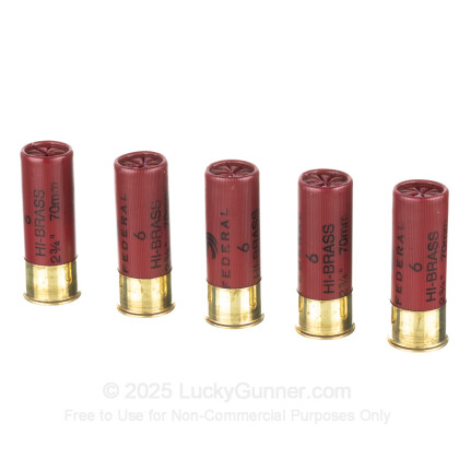 Large image of Bulk 12 Gauge Ammo For Sale - 2-3/4” 1-1/4oz. #6 Shot Ammunition in Stock by Federal Game Load Upland Hi-Brass - 250 Rounds