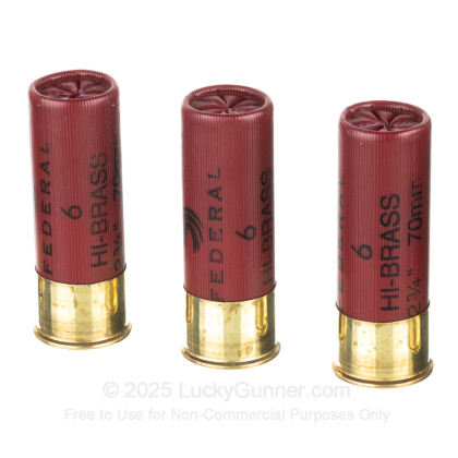 Large image of Bulk 12 Gauge Ammo For Sale - 2-3/4” 1-1/4oz. #6 Shot Ammunition in Stock by Federal Game Load Upland Hi-Brass - 250 Rounds