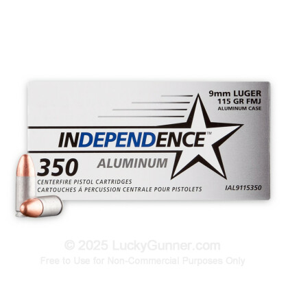 Large image of Bulk 9mm Ammo For Sale - 115 Grain FMJ Ammunition in Stock by Independence Aluminum - 350 Rounds
