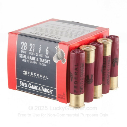 Large image of Premium 28 Gauge Ammo For Sale - 2-3/4" 5/8 oz. #6 Shot Ammunition in Stock by Federal Steel Game and Target - 25 Rounds