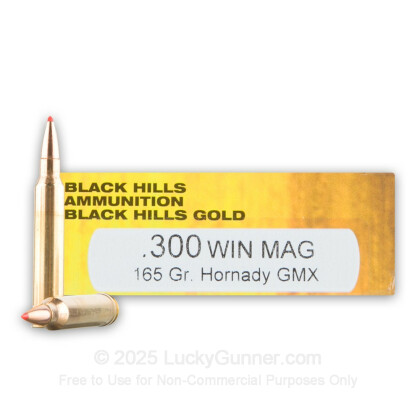 Large image of Premium 300 Winchester Magnum Ammo For Sale - 165 Grain Hornady GMX Ammunition in Stock by Black Hills Gold - 20 Rounds